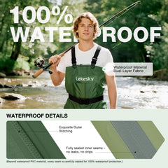 Lekesky fishing waders chest pocket area illustrates convenient storage during trips