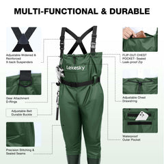 Lekesky fishing waders knee area close-up highlights mobility for kneeling and casting