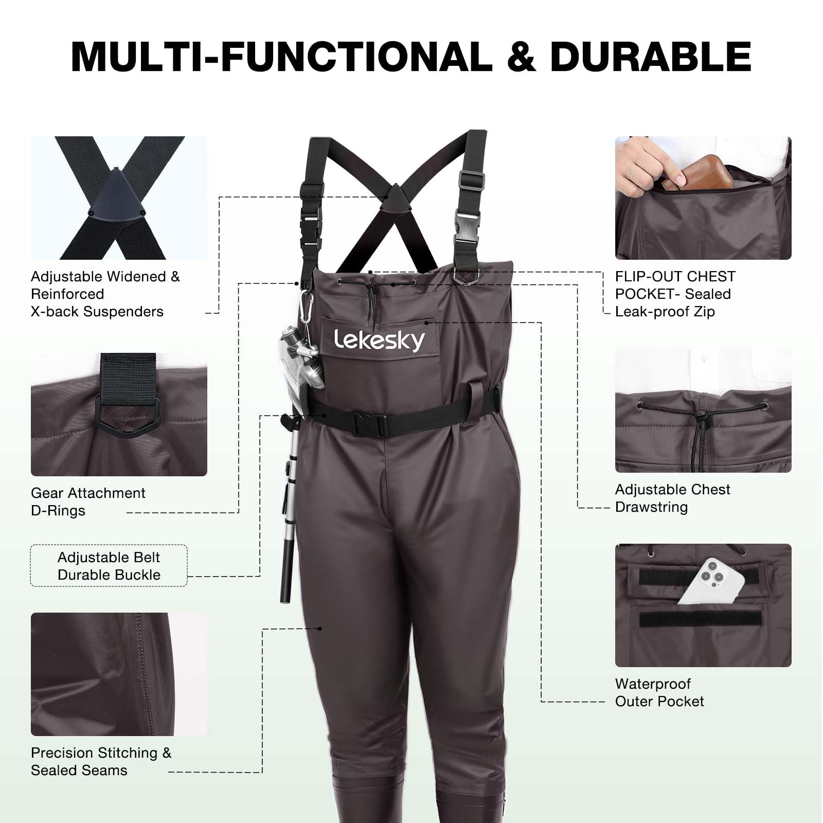 Lekesky waders knee mobility design for flexible movement.