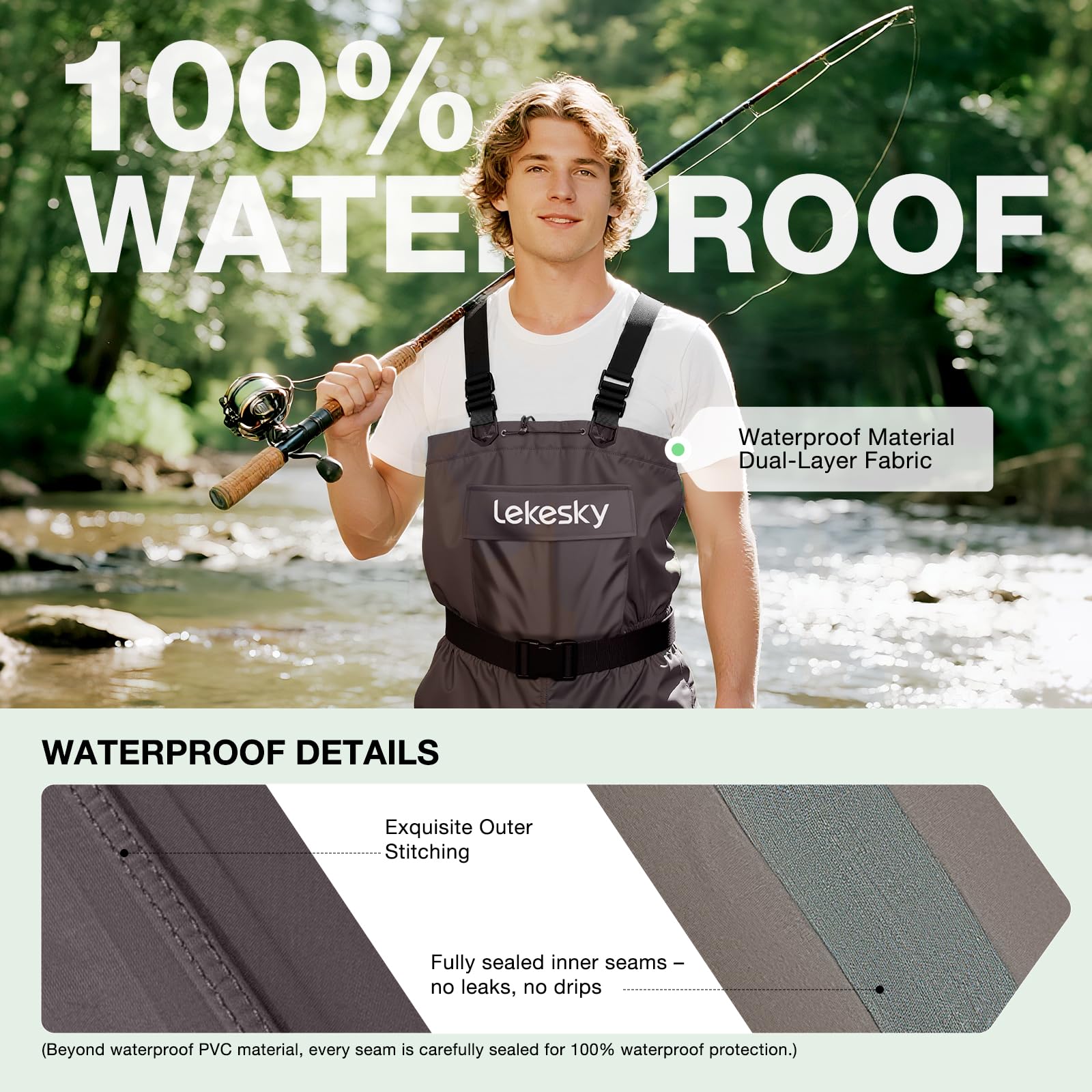 Lekesky Fishing Waders non-slip boot provides secure traction on slick river rocks.