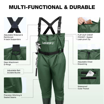 Lekesky fishing waders side view highlights knee-friendly design for mobility in water