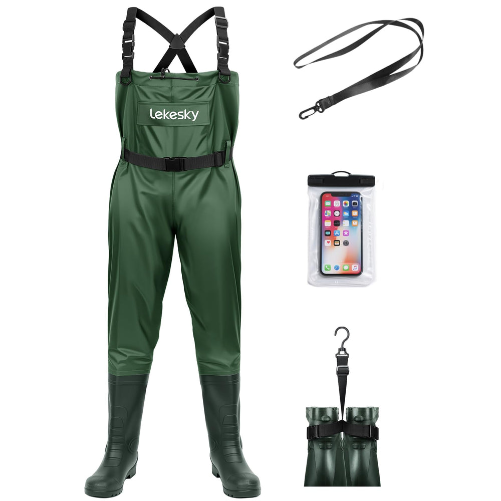 Lekesky fishing waders with upgraded knee design for unrestricted mobility during casting.