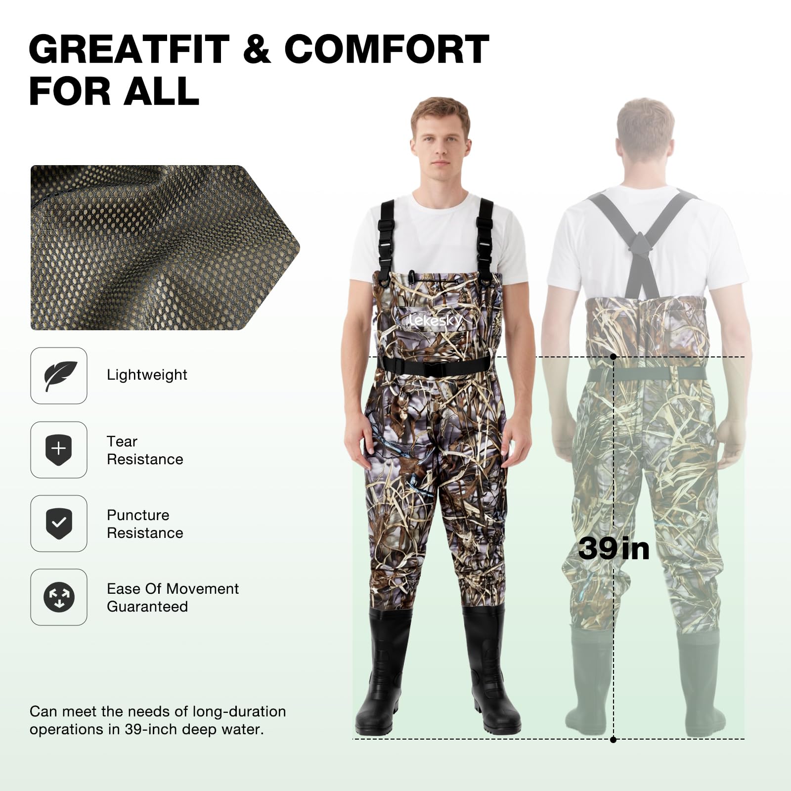 Lekesky waders chest pocket flip-out and internal pocket for gear organization.