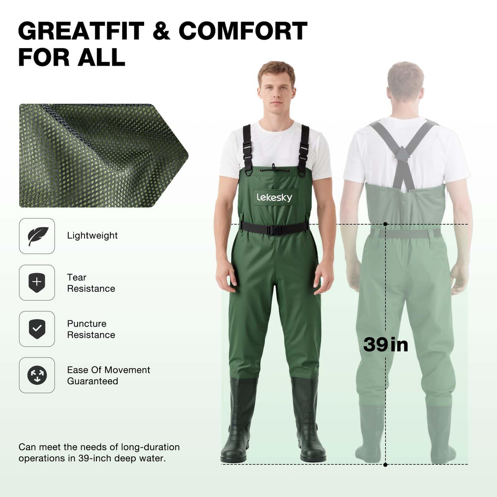 Lekesky waders feature adjustable X-back suspenders for quick, secure setup.