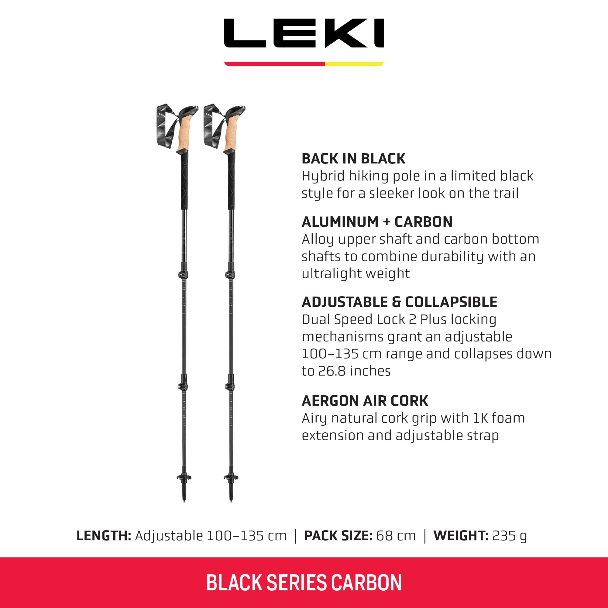 LEKI Black Series carbon pole grip close-up with ergonomic Aergon grip.