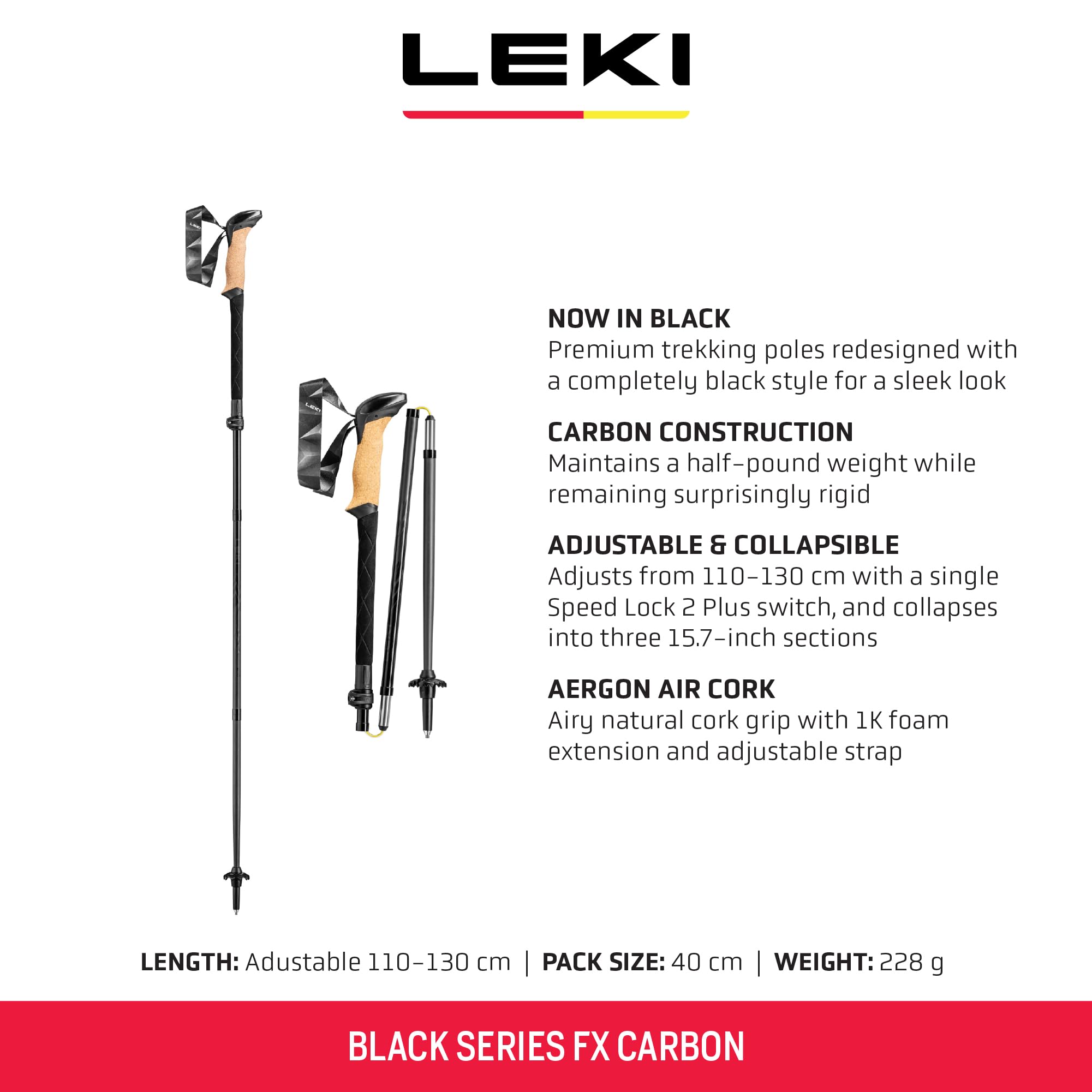 LEKI Black Series FX collapsed sections ready for compact storage during travel