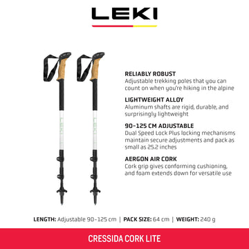 LEKI Cressida Cork Lite poles show adjustable length for versatile trekking configurations.