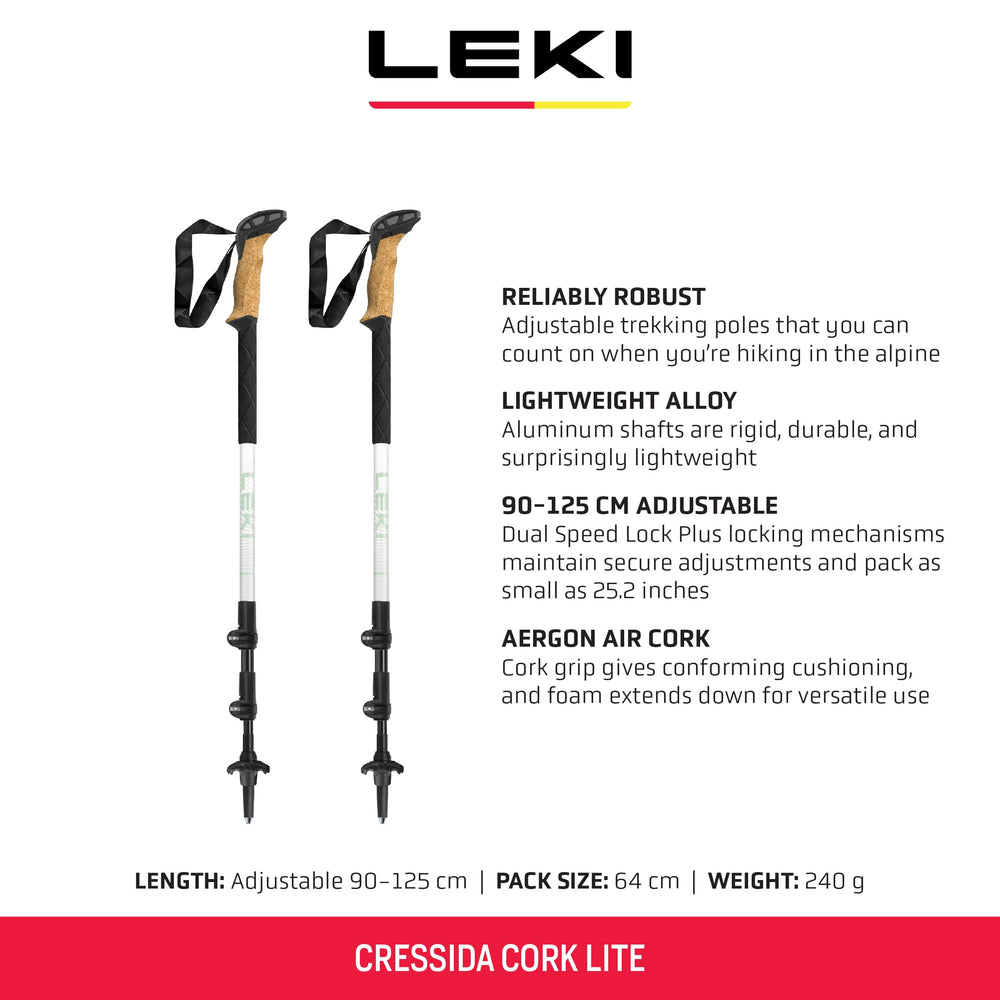 LEKI Cressida Cork Lite poles show adjustable length for versatile trekking configurations.