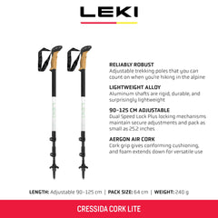 LEKI Cressida Cork Lite poles show adjustable length for versatile trekking configurations.