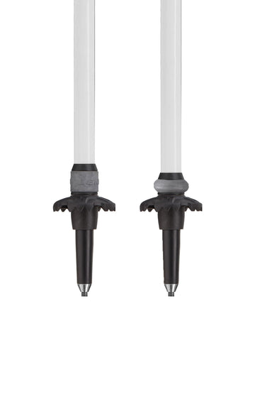LEKI Cressida FX pole silhouette on trail showcasing lightweight design.