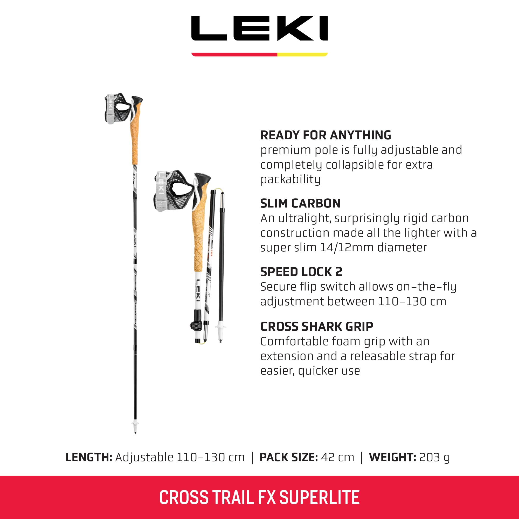 LEKI Cross Trail FX collapsed for compact packing on outdoor trips
