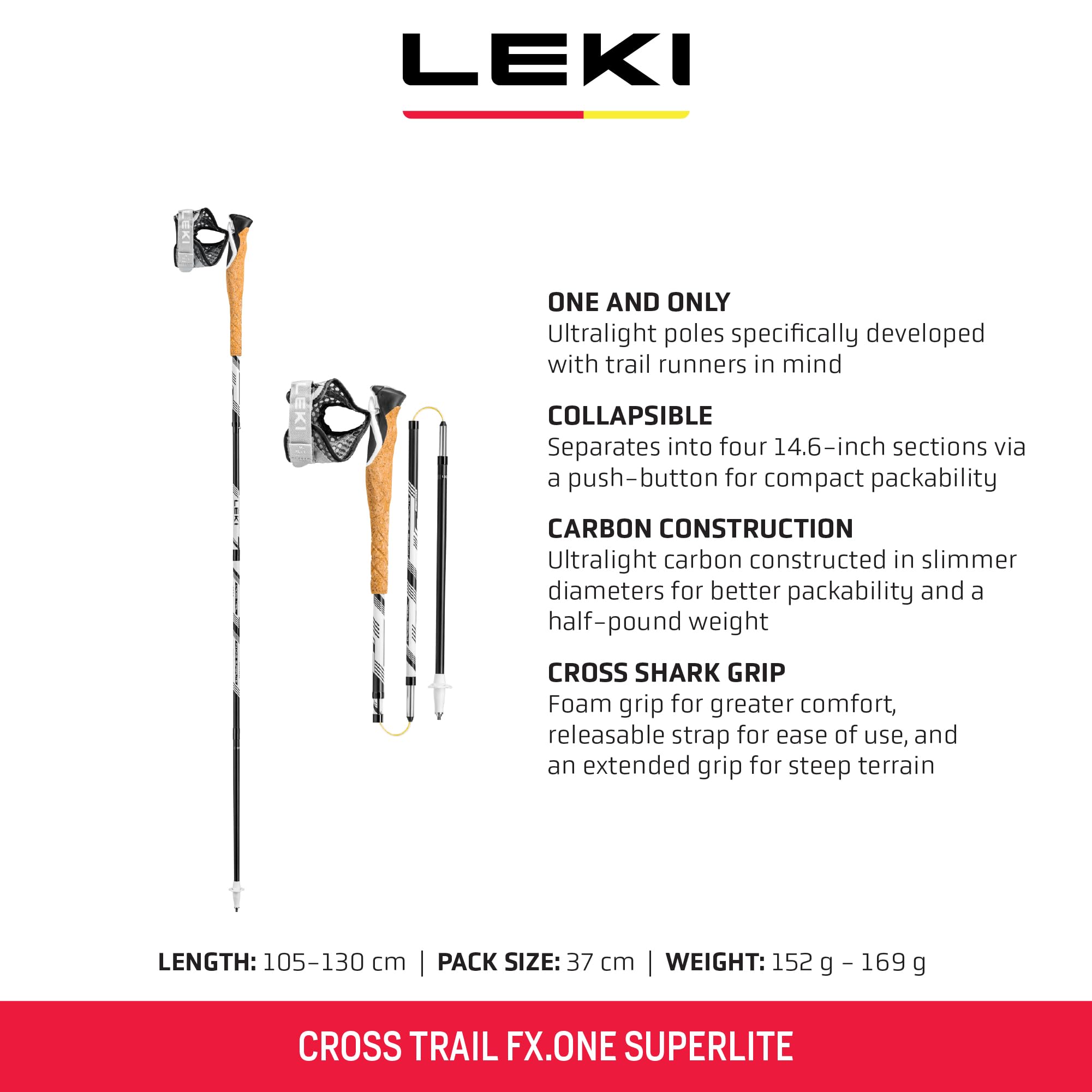 LEKI Cross Trail FX.One push-button folding showcases quick collapse for on-the-go hikes.