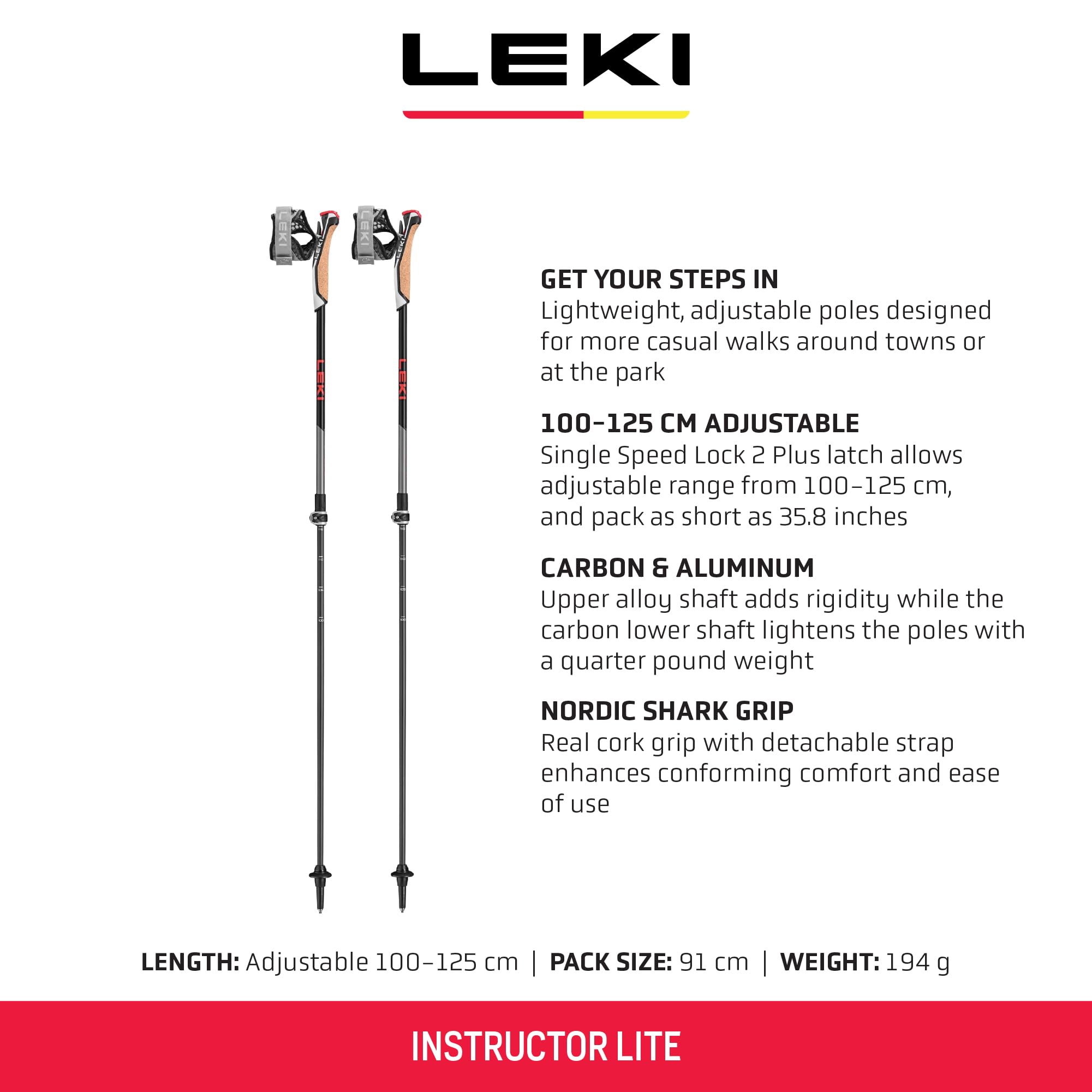 LEKI Instructor Lite cork grip Nordic Shark for comfortable grip during long walks.