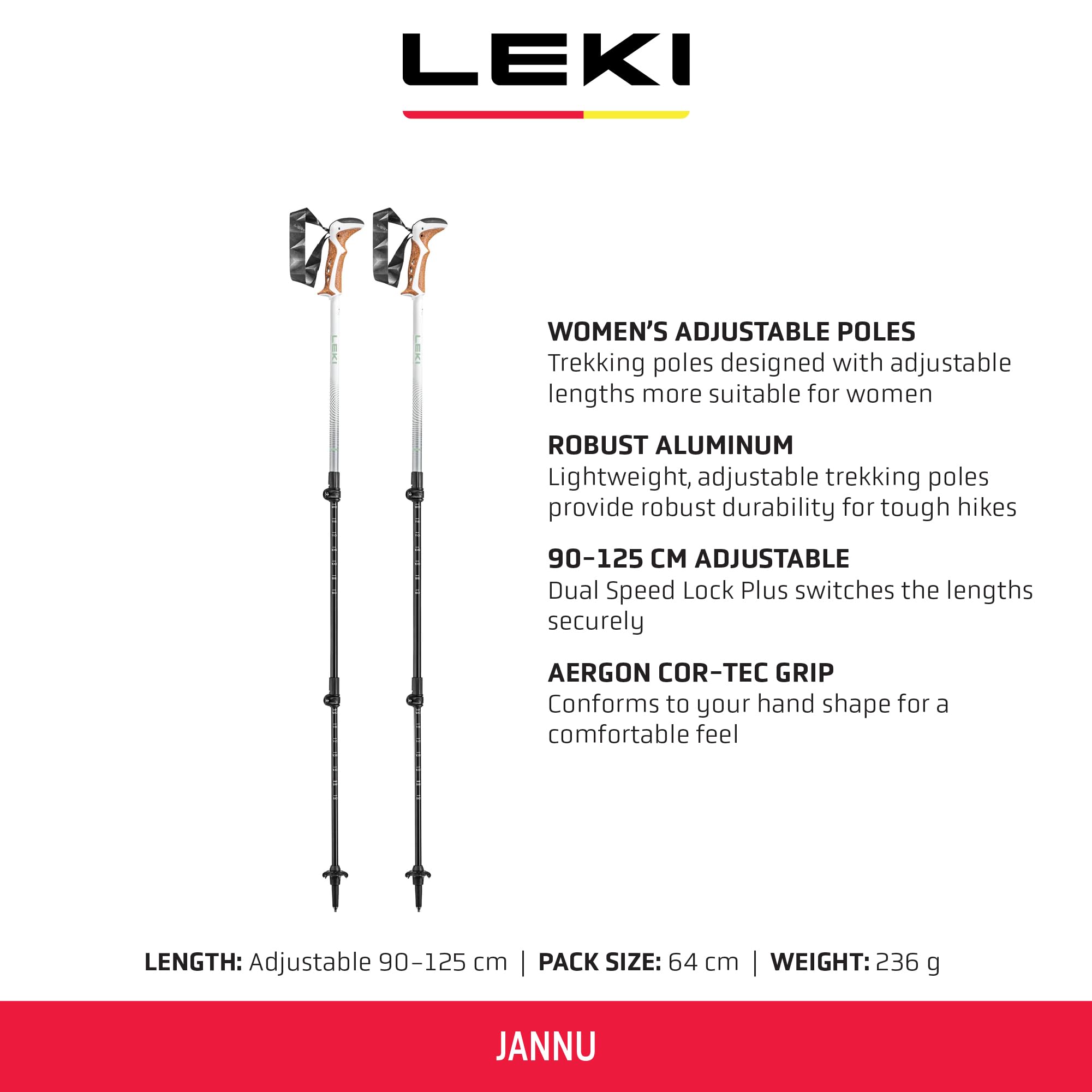LEKI Jannu speed-lock-plus system enables quick length changes on trail.