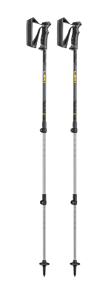 LEKI Journey Lite aluminum poles extended for versatile trekking and height-adjusted support.