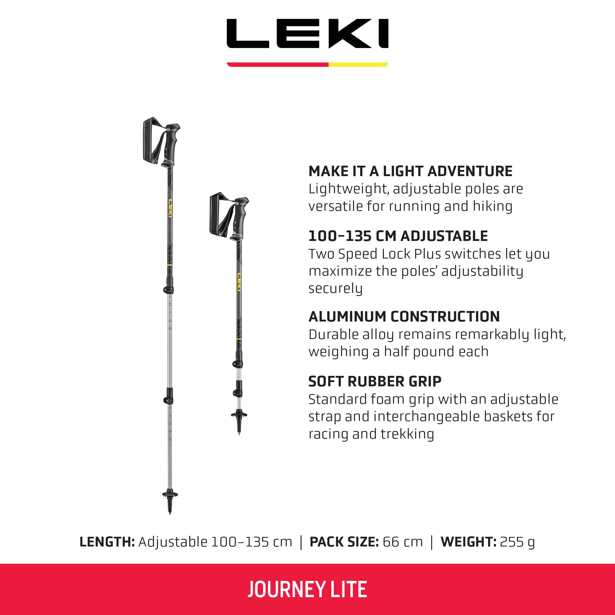 LEKI Journey Lite two-speed Lock Plus enables quick, secure adjustments on varied terrain.