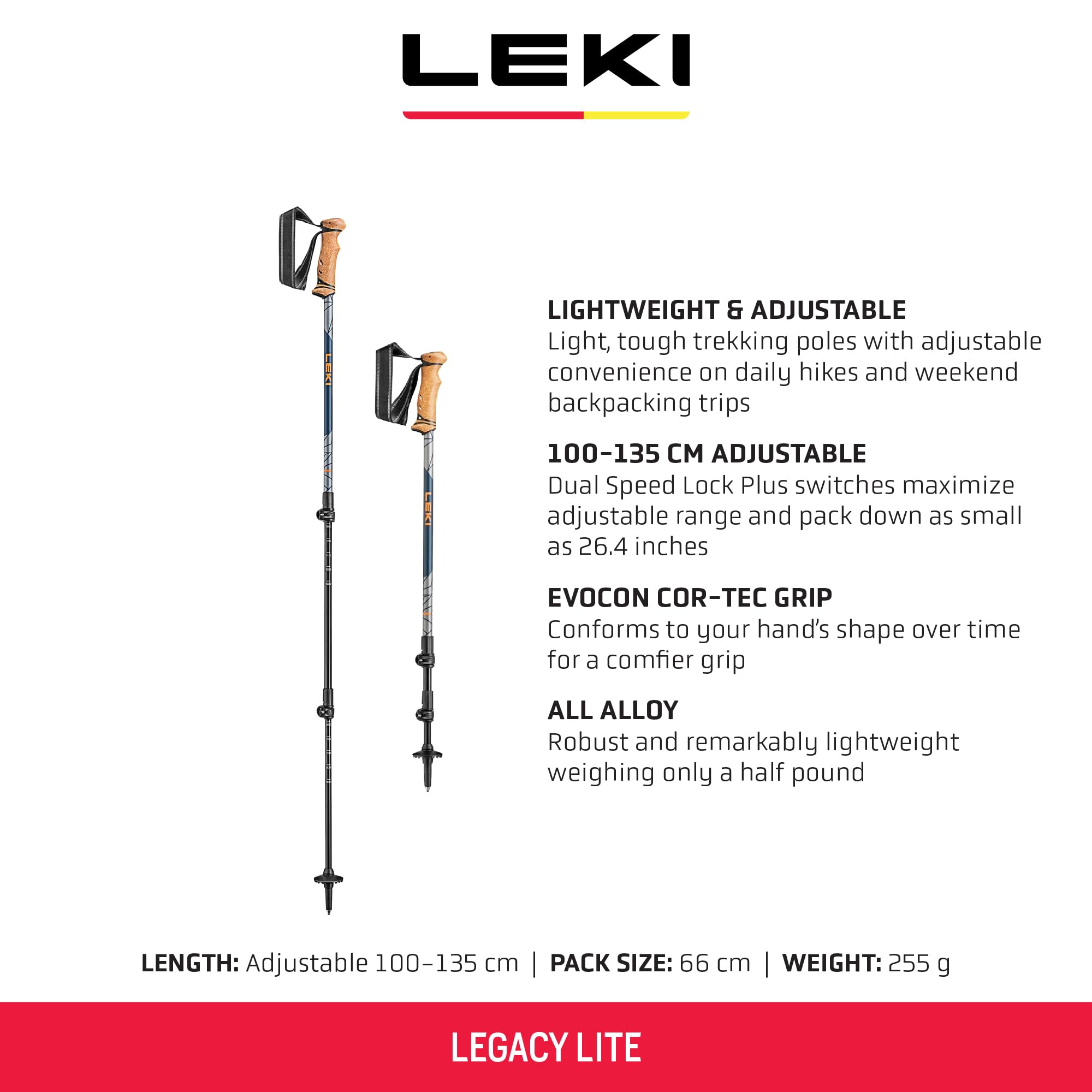 LEKI Legacy Lite cork grip closeup showing comfortable hand-conforming grip for long hikes.