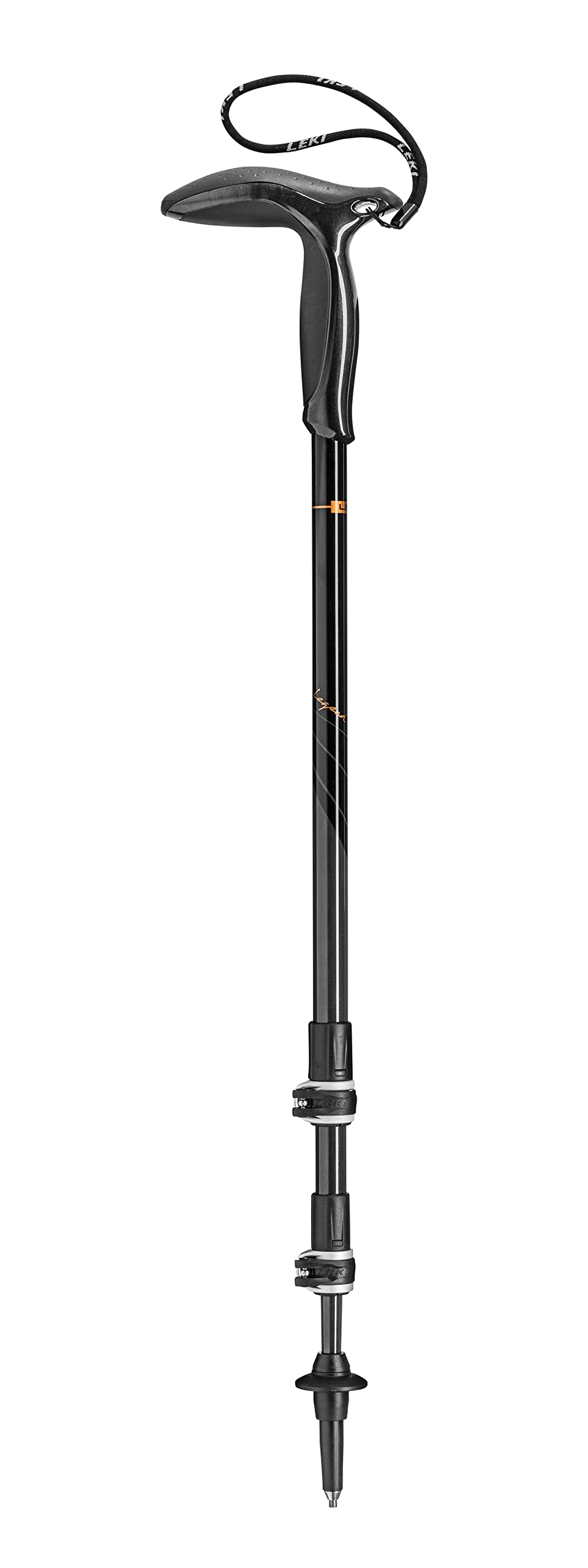 LEKI Legend black carbon pole extended for trekking support on rugged trails during climbs