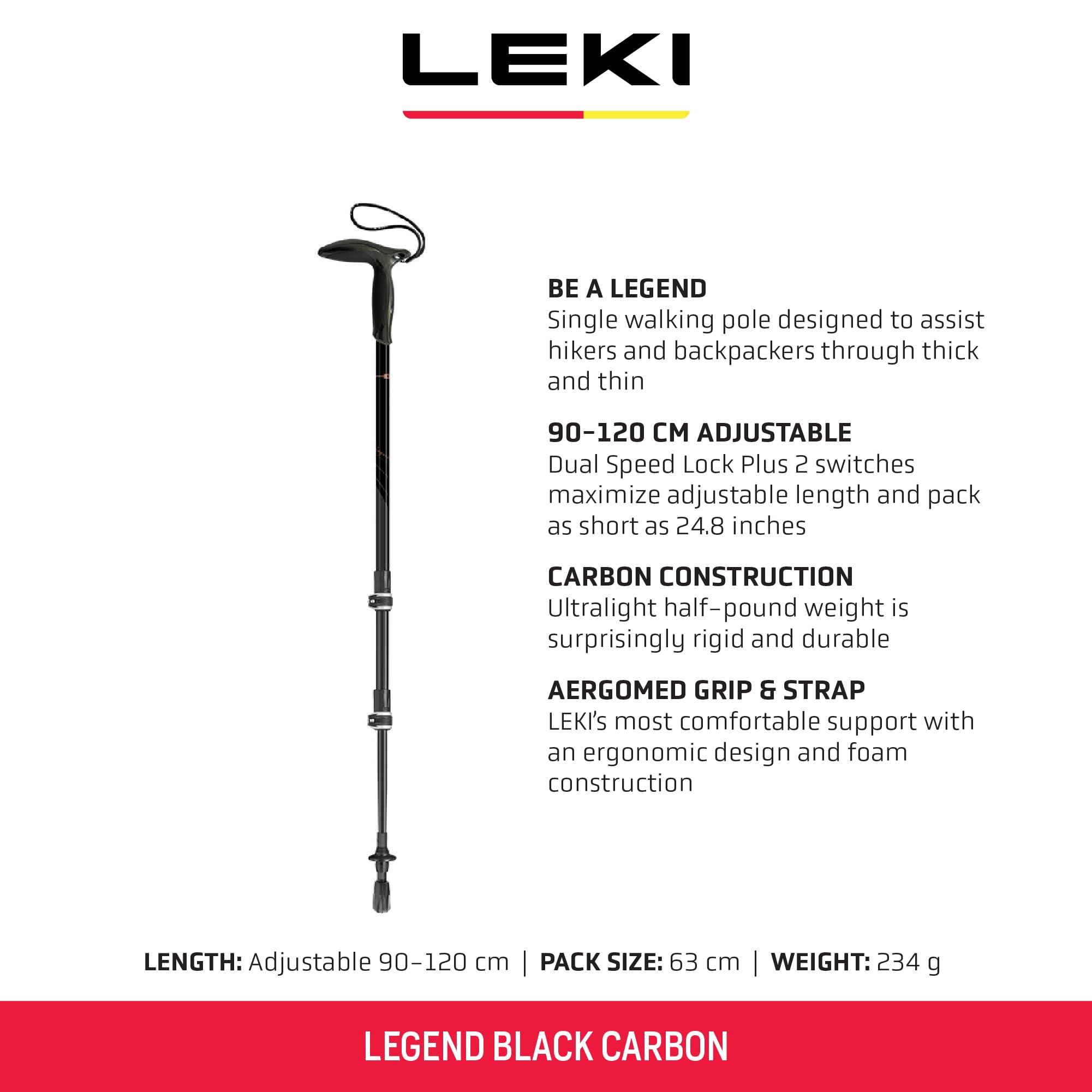 LEKI Legend carbon pole with Aergomed grip for comfortable, secure handhold on long hikes
