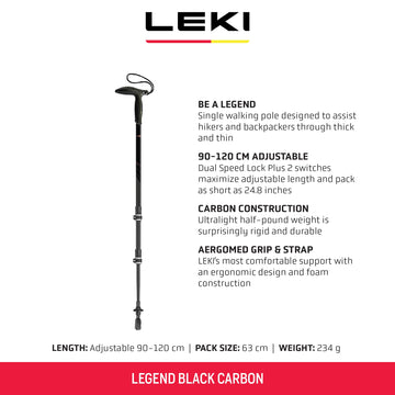 LEKI Legend carbon pole with Aergomed grip for comfortable, secure handhold on long hikes