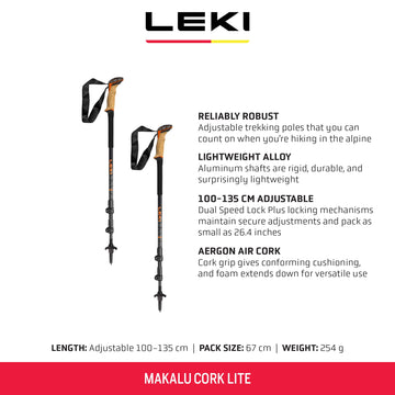 LEKI Makalu Cork Lite cork grip offers cushioned comfort on long treks.