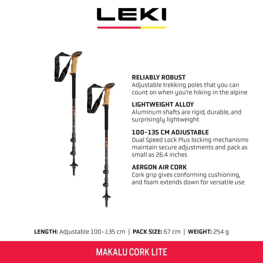 LEKI Makalu Cork Lite cork grip offers cushioned comfort on long treks.