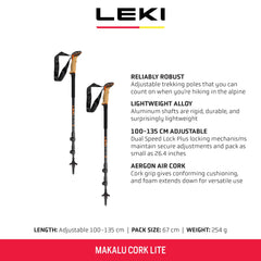 LEKI Makalu Cork Lite cork grip offers cushioned comfort on long treks.
