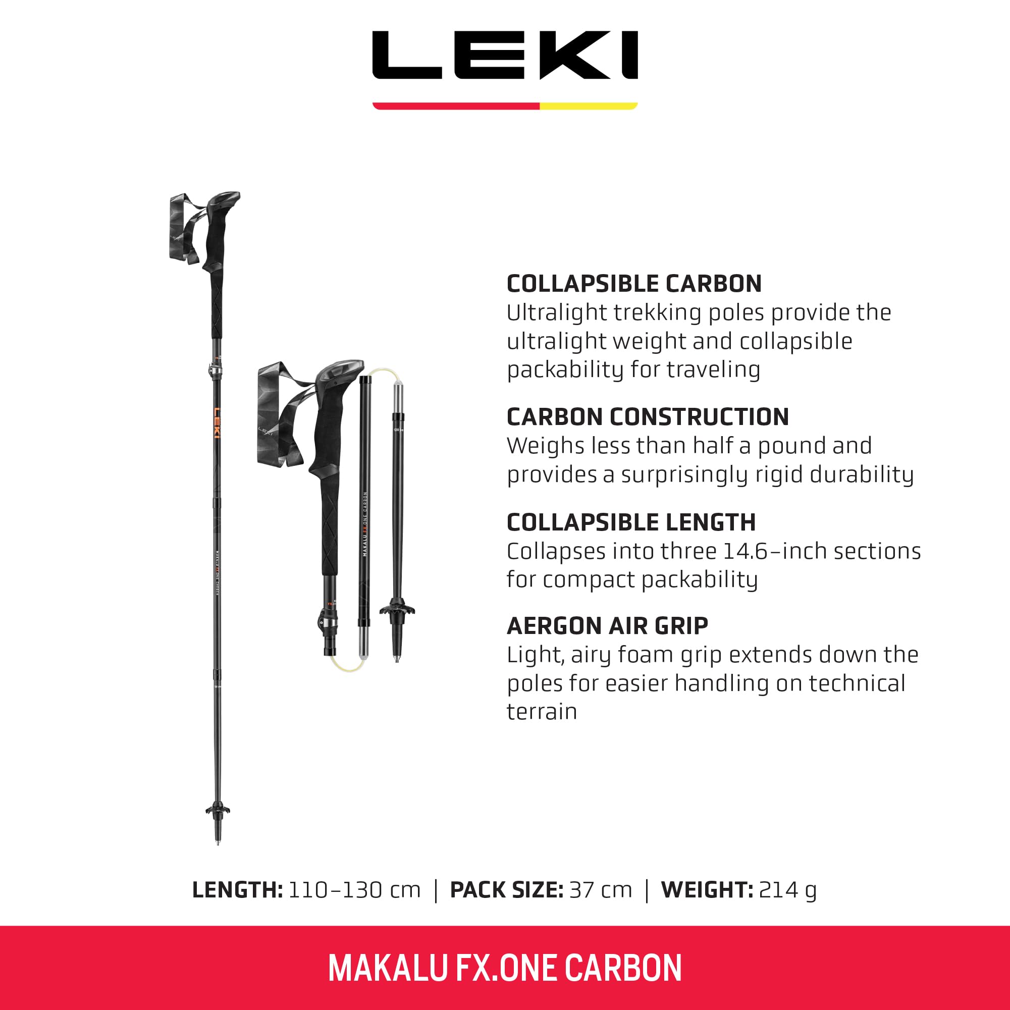 LEKI Makalu FX.One carbon pole collapsed to a packable length for travel