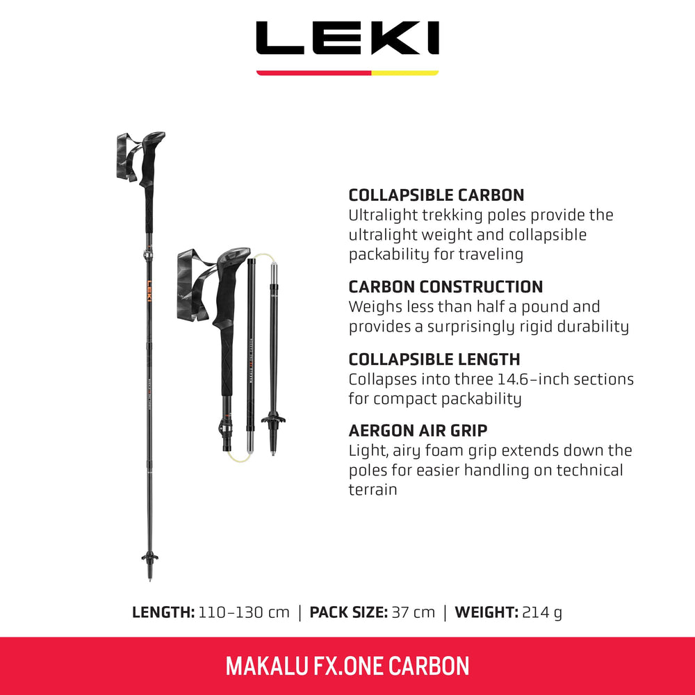 LEKI Makalu FX.One carbon pole collapsed to a packable length for travel