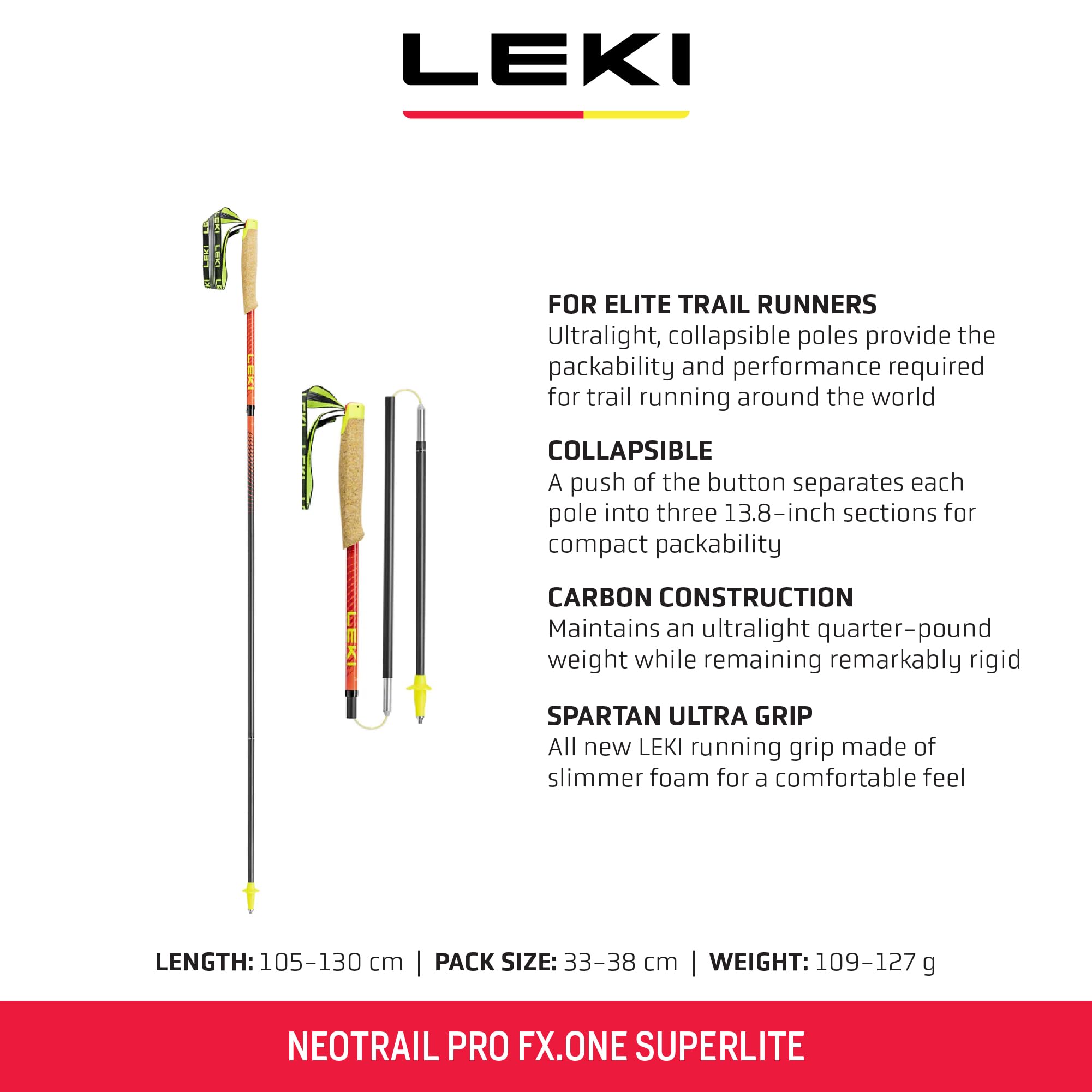 LEKI Neotrail Pro FX.One three-section collapse enables compact storage.