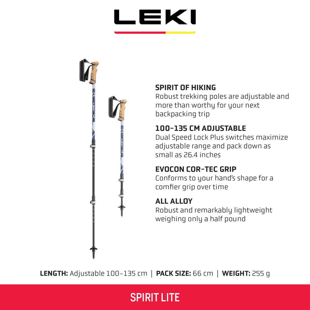LEKI Spirit Lite cork grip visible for comfort on long hikes.