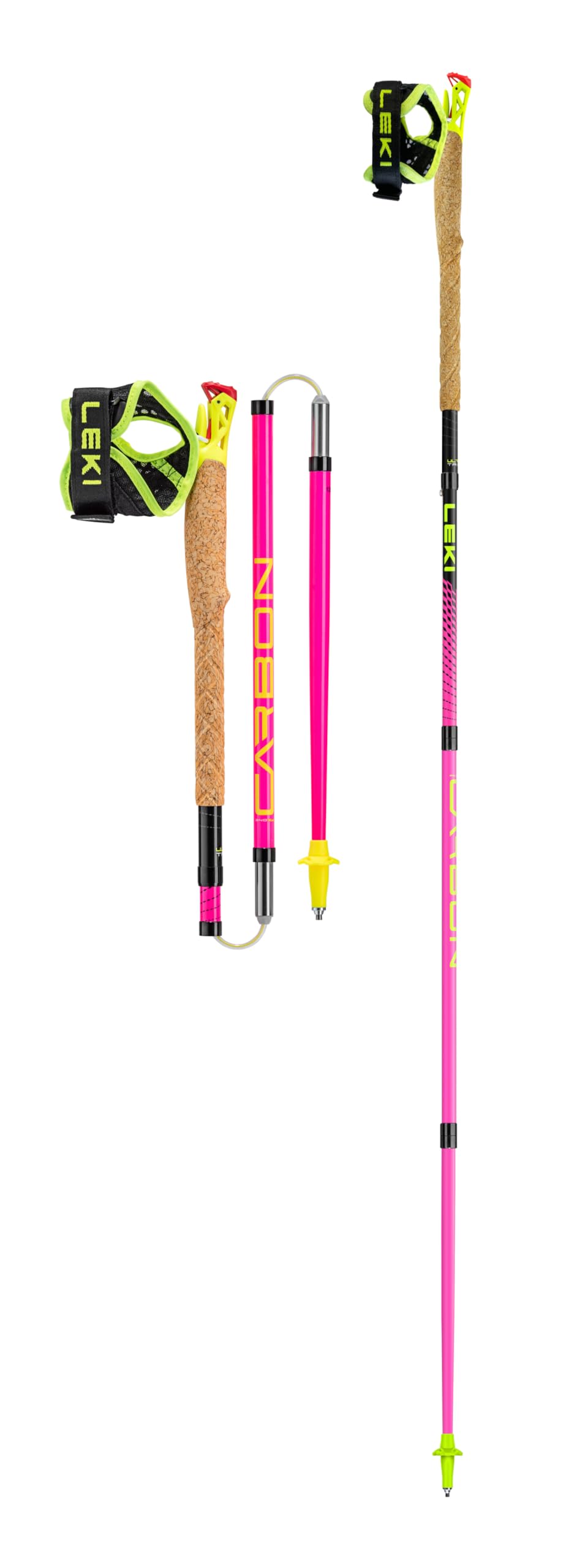 LEKI Ultratrail FX.One carbon collapsible poles ready for quick pack on a mountain trail.