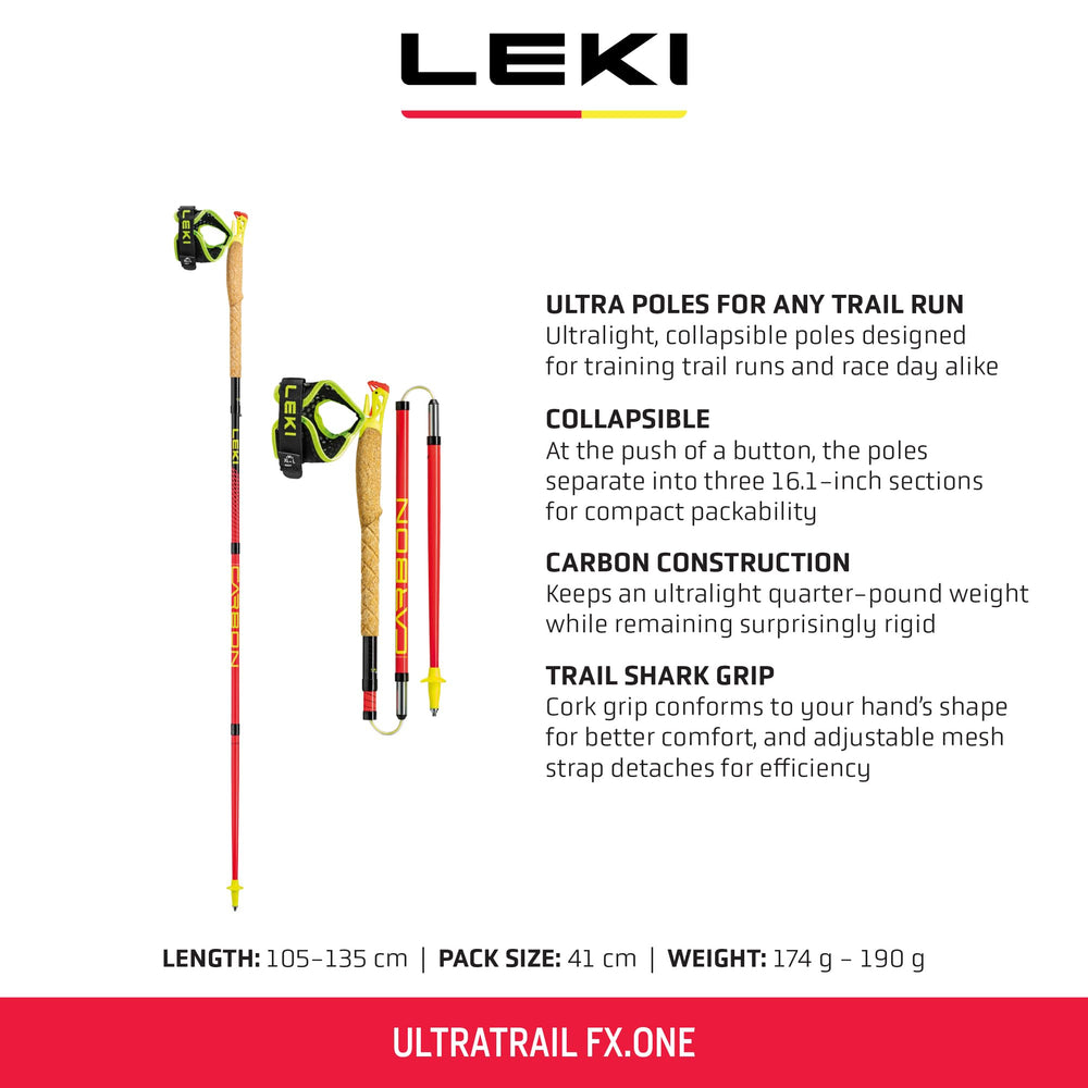 LEKI Ultratrail FX.One three-section collapse enables fast packing.