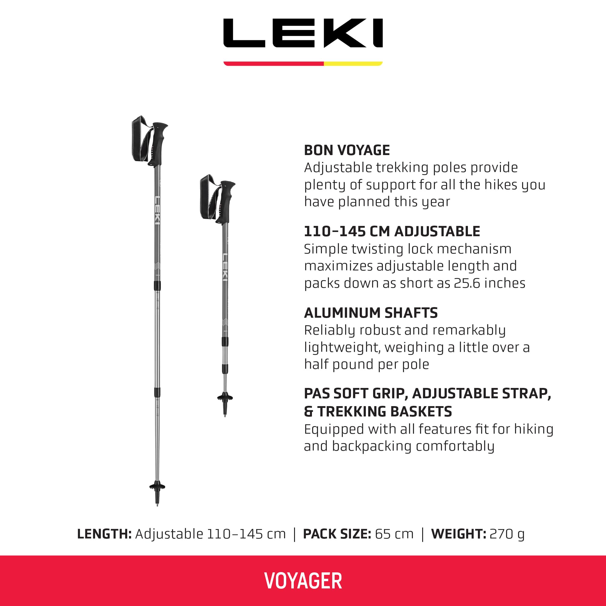 LEKI Voyager adjustable length 110-145cm for versatile trekking on varied terrain.