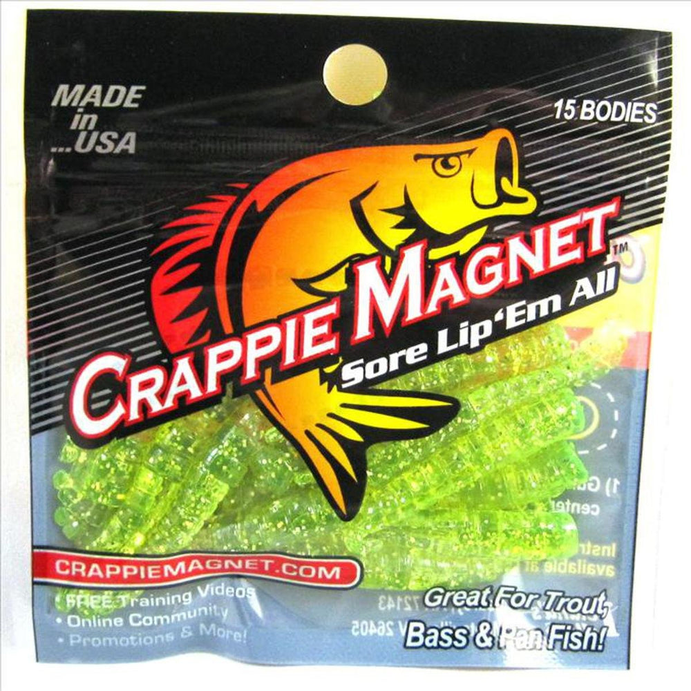Leland Lures Crappie Magnet 15pc jig bodies in chartreuse and silver flash for versatile crappie fishing.