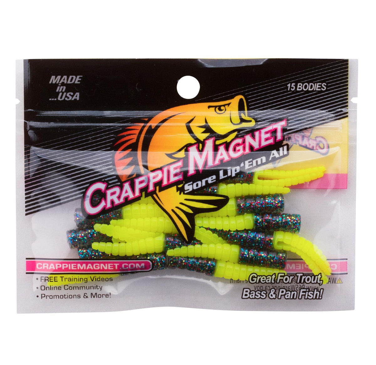 Leland Lures Crappie Magnet 15pc Mardi Gras body close-up highlighting vivid pigmentation for crappie.