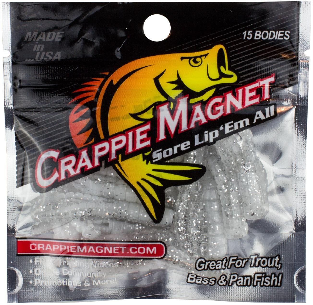 Leland Lures Crappie Magnet 15pc Pearcy pack closeup showing soft plastic jig bodies