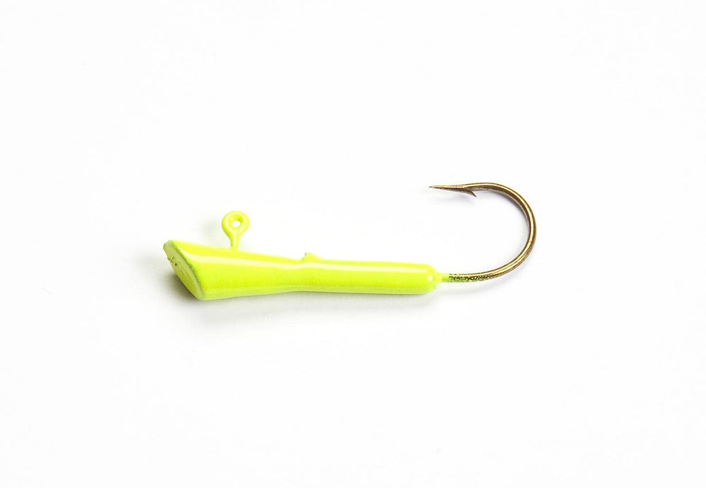 Closeup of the chartreuse Crappie Magnet head showing durable finish and sharp hook