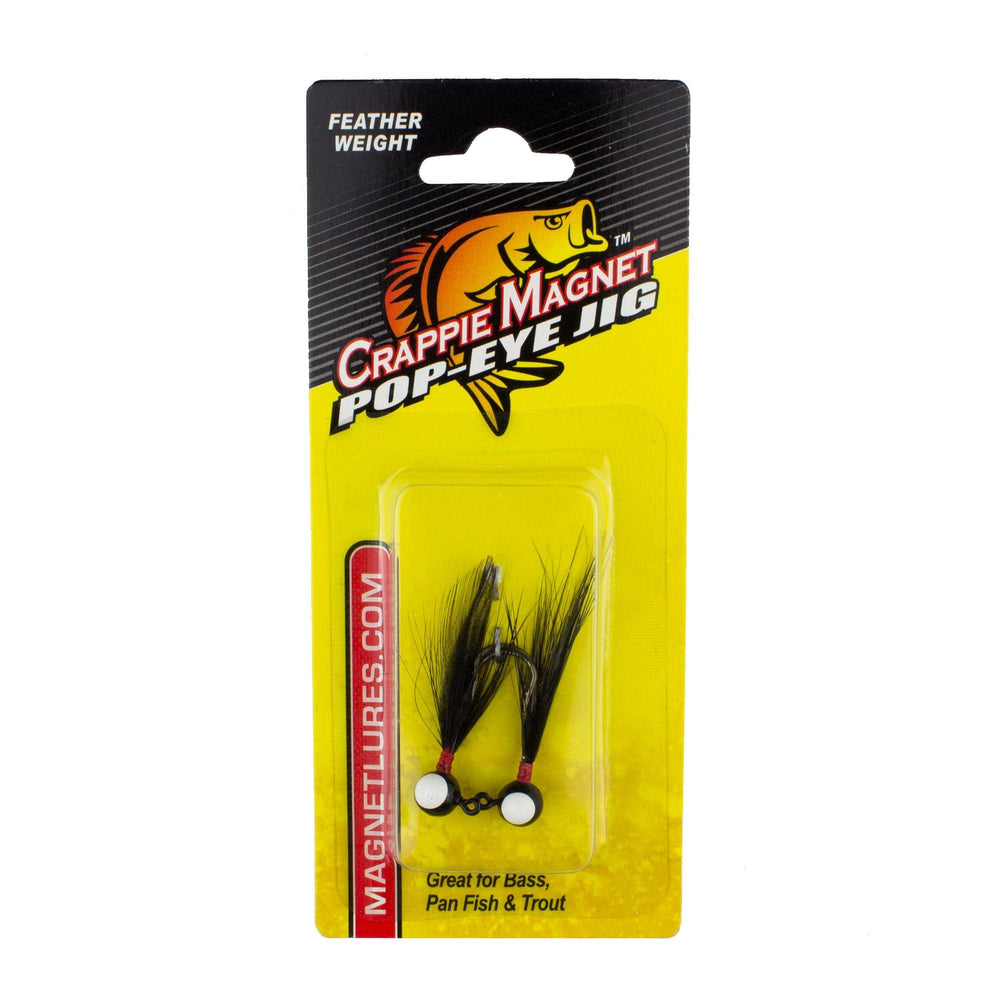 Leland Lures Pop Eye Jig close-up in black highlighting feather-tied body for natural movement