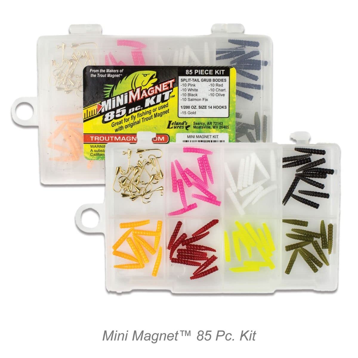 Opened 85-piece mini magnet kit showing grub bodies and hooks