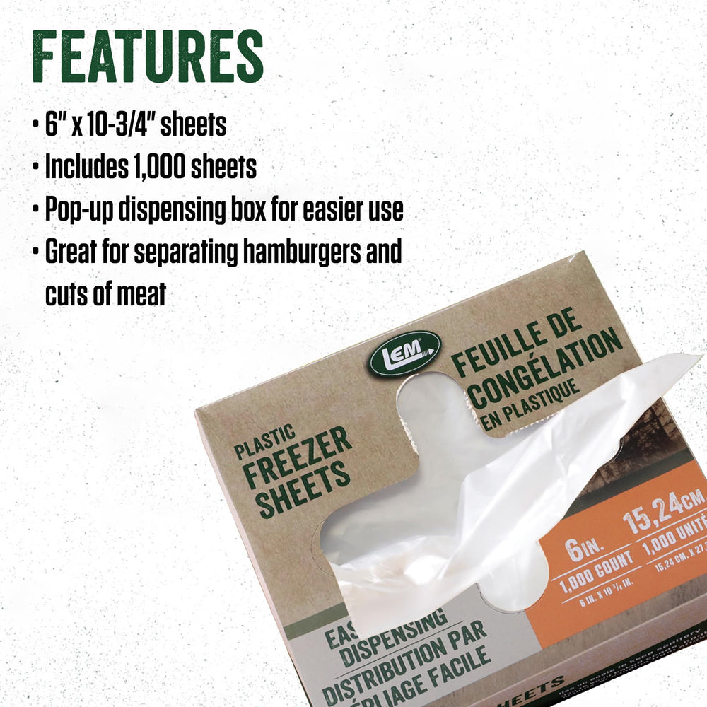 LEM freezer sheets positioned between meat patties to prevent sticking