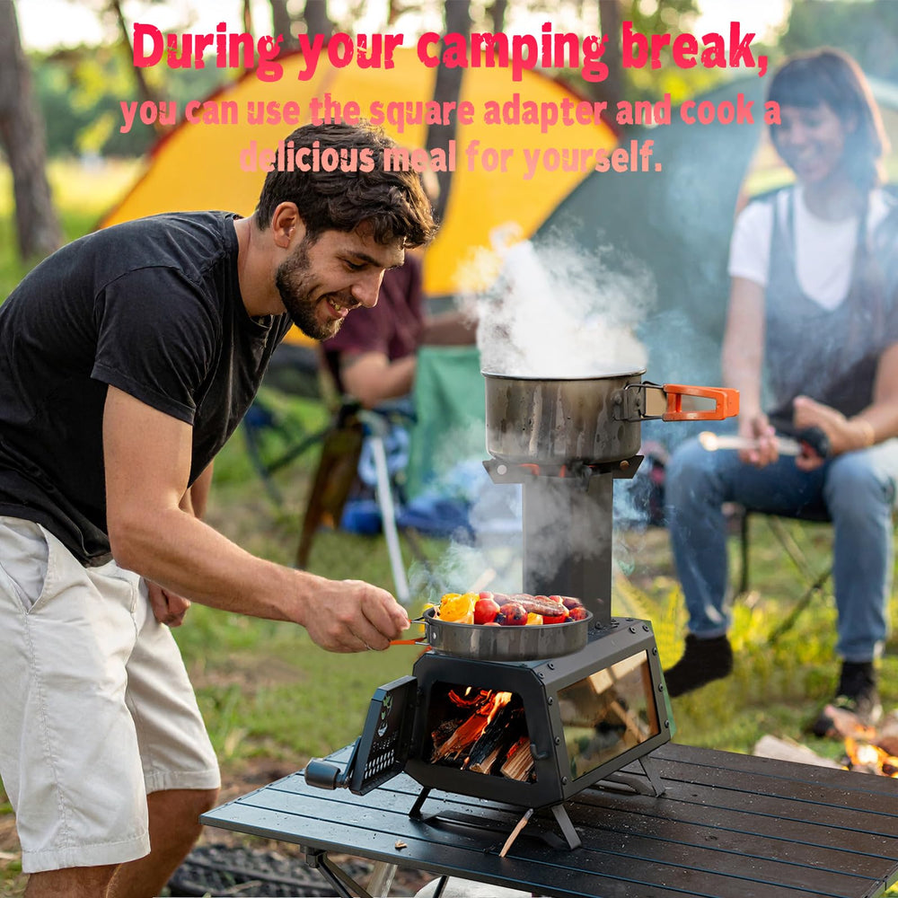 LEMVUZ portable tent stove with 7-section chimney pipes enables flexible tent height adjustment.