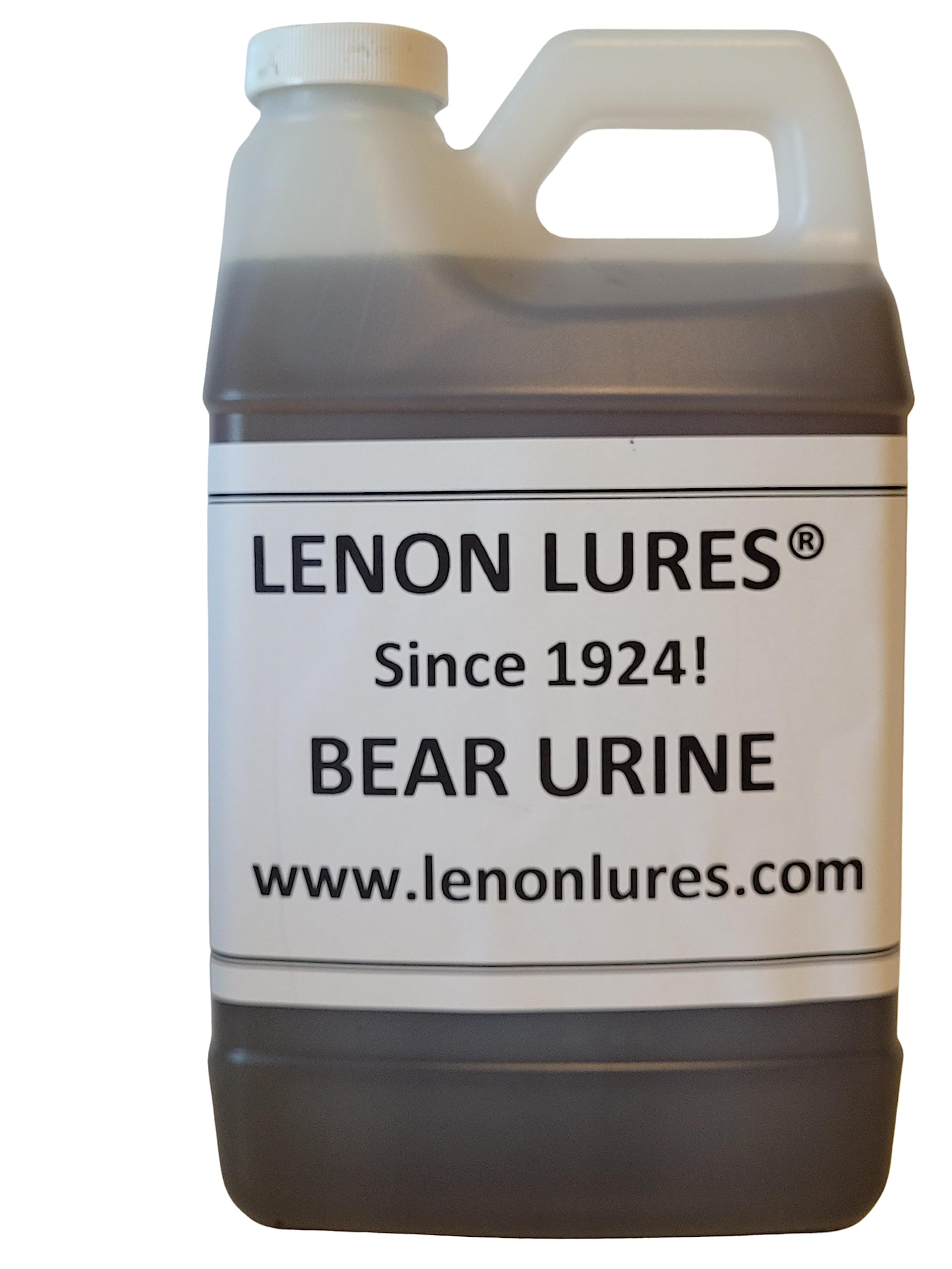 Lenon Lure Pure Bear Urine bottle, half-gallon size, for wildlife scent lure in field.