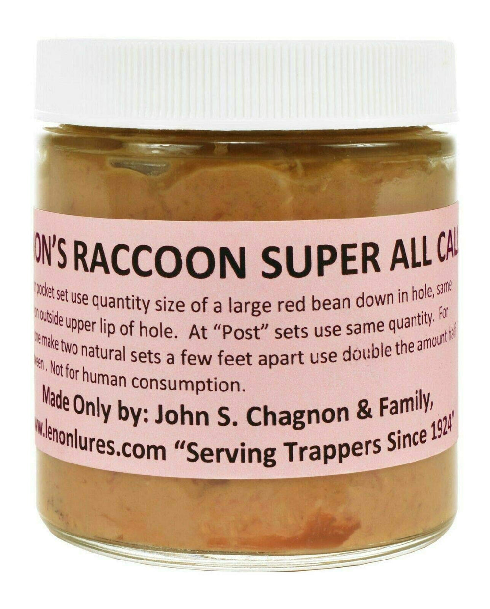 Lenon Lures Raccoon Super All Call lure in 8 oz jar attracts raccoons at land and water sets