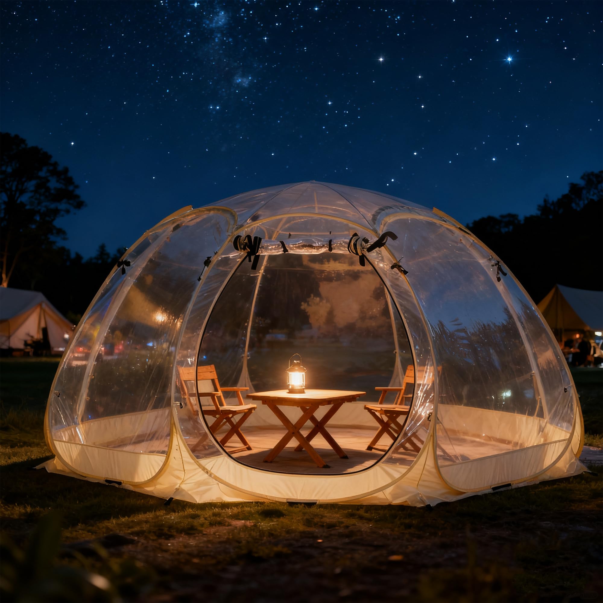 Lenotos bubble tent creates ambient space for backyard celebrations.