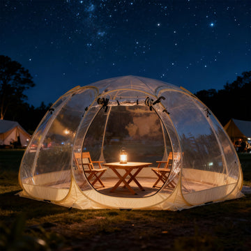Lenotos bubble tent creates ambient space for backyard celebrations.