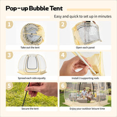 Lenotos bubble tent interior view shows roomy 10x10 footprint for 4-6 guests.