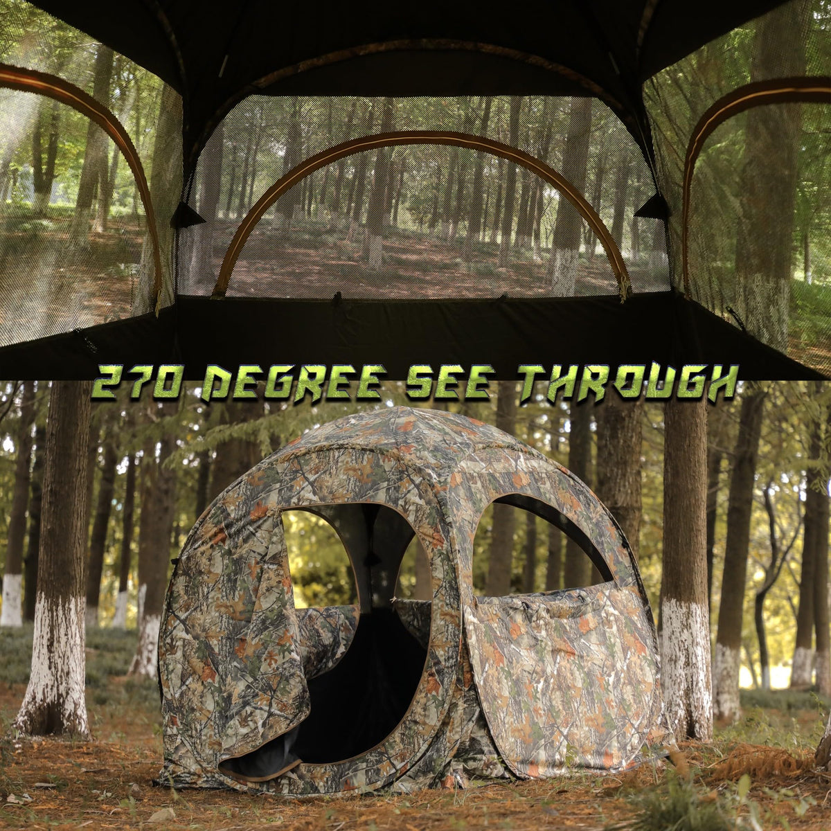 Lenotos front view of pop-up hunting blind with 270° visibility for versatile shots