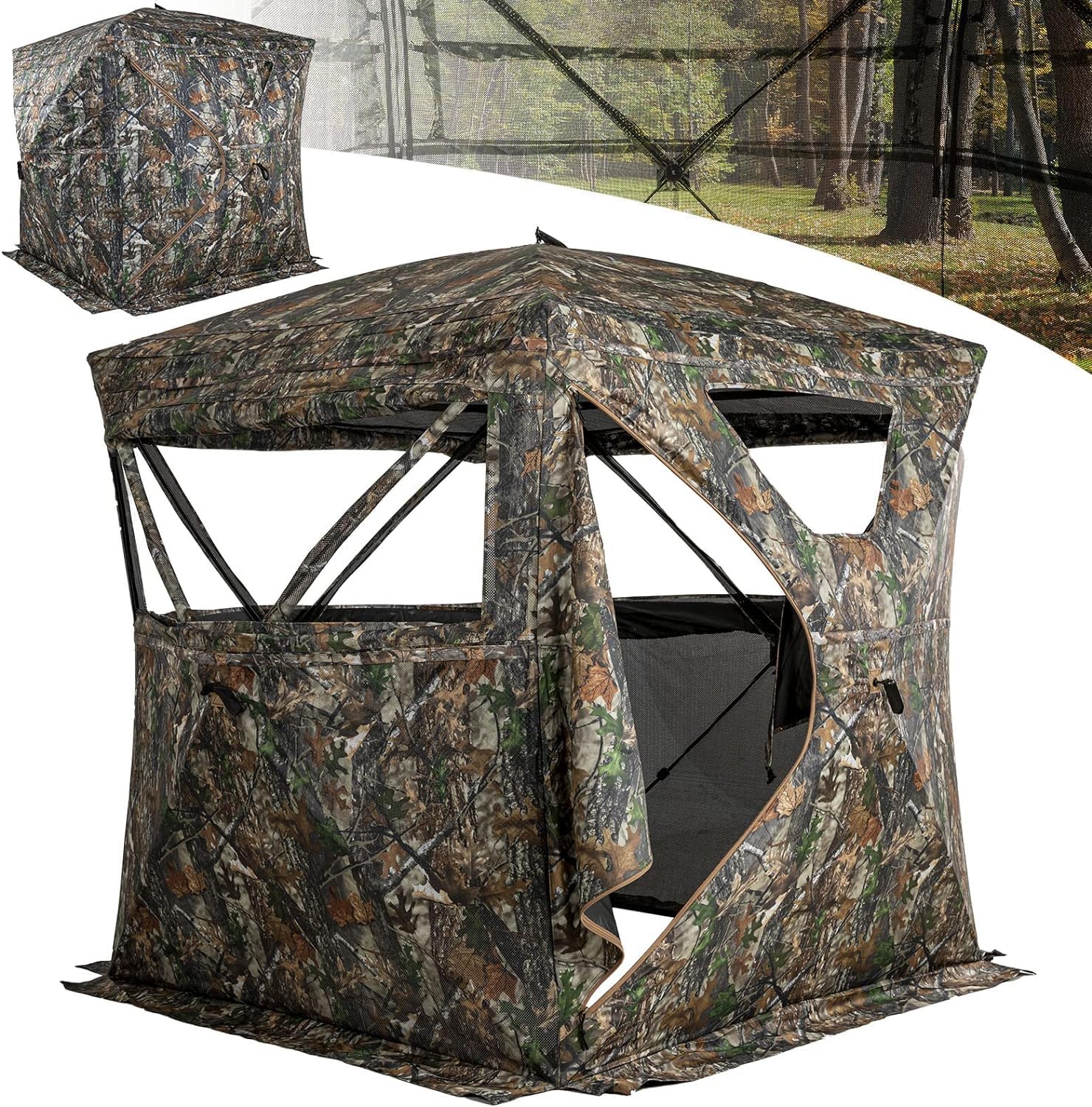 Lenotos hunting blind shows 270-degree view panels for broad field visibility.