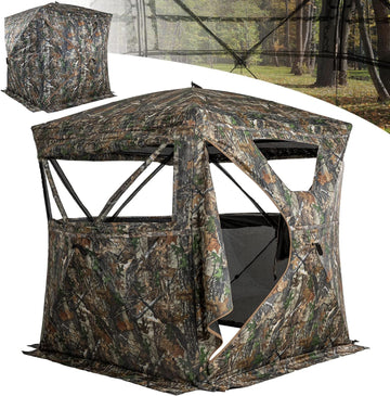 Lenotos hunting blind shows 270-degree view panels for broad field visibility.